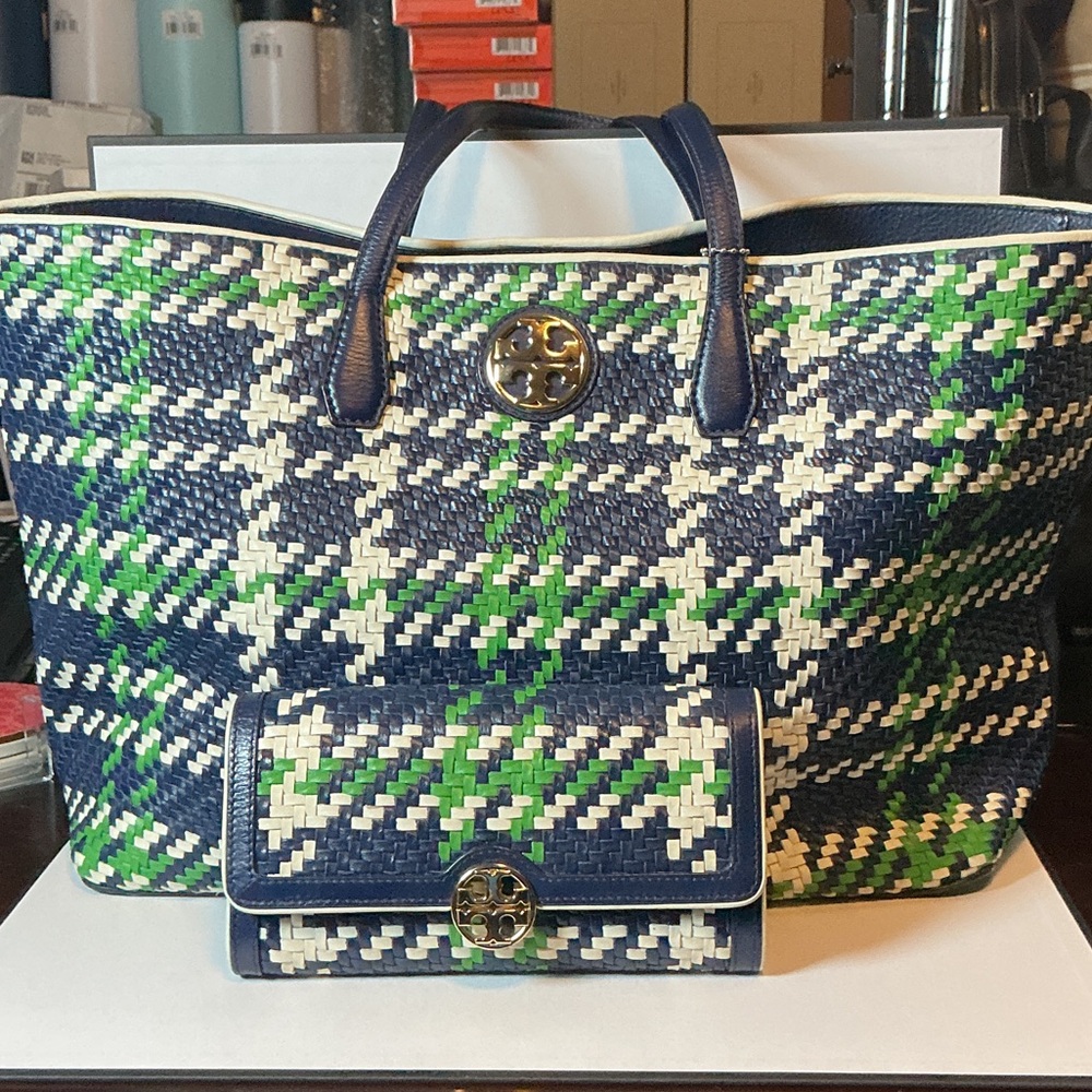 Tory Burch Duet Woven Leather Tote Bag and Matching Wallet (Set)